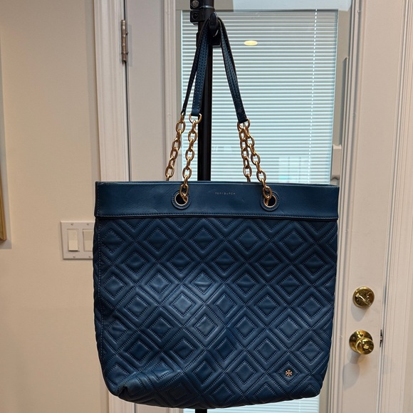Tory Burch Navy Quilted Tote - Picture 1 of 9